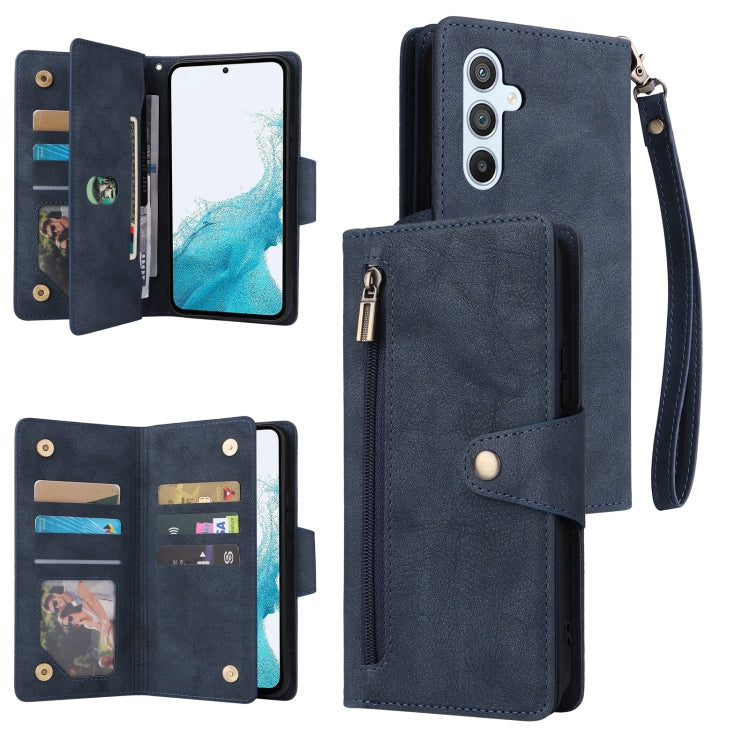 Blue three-fold leather phone wallet with card slots, wrist strap, and camera cutouts