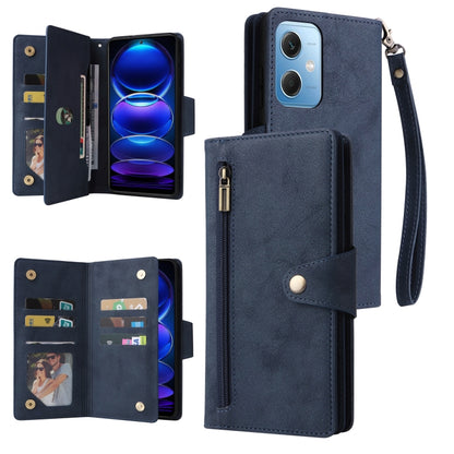 Blue three-fold leather phone wallet with card slots, wrist strap, and inner snap pocket