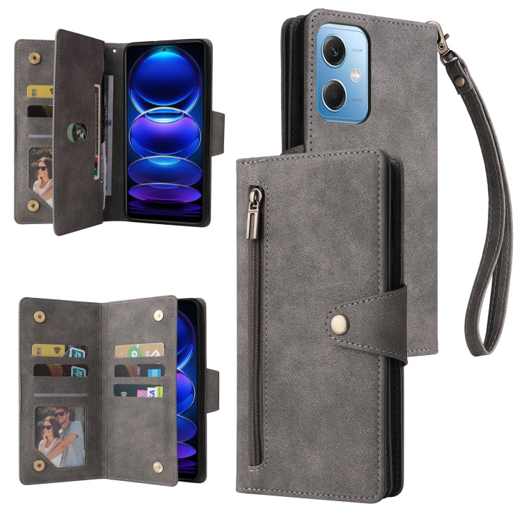 Grey three-fold leather phone wallet with card slots and wrist strap, with camera openings