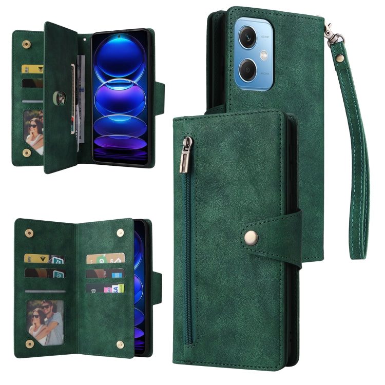 Green three-fold leather phone case with card slots and wrist strap, phone shown