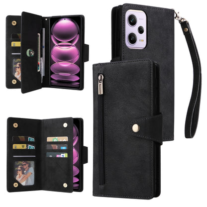Black leather phone wallet case with wrist strap, snap flap, and camera cutouts