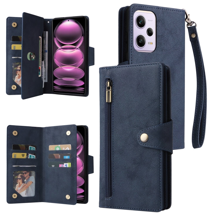 Blue three-fold leather phone wallet with card slots, wrist strap, and zipper pocket