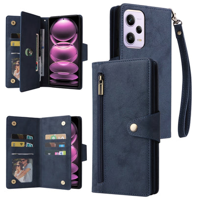 Blue three-fold leather phone wallet with card slots, wrist strap, and zipper pocket