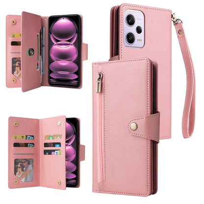 Pink three-fold leather phone case with card slots and wrist strap, phone shown