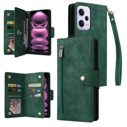 Green three-fold leather phone case with card slots and wrist strap, phone shown