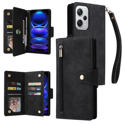 Black three-fold leather phone wallet with card slots, wrist strap, and zipper pocket