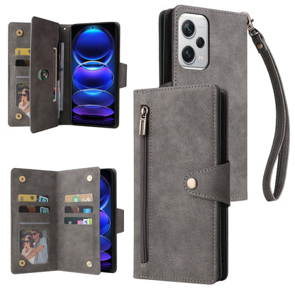 Grey three-fold leather phone case with card slots and wrist strap