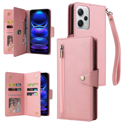 Pink three-fold leather phone case with card slots and wrist strap, phone shown