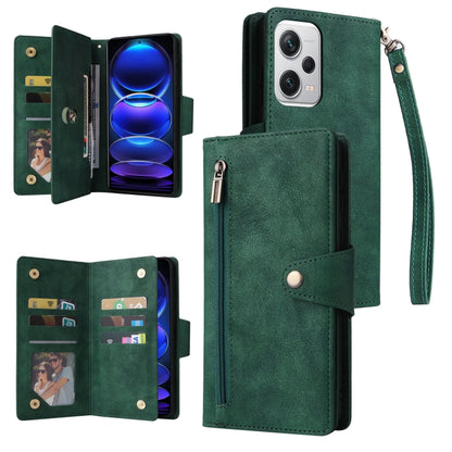Green three-fold leather phone case with wrist strap, 9-card pockets, and buckle