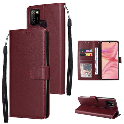 Burgundy leather-style phone wallet case with 3 card slots, magnetic closure, wrist strap