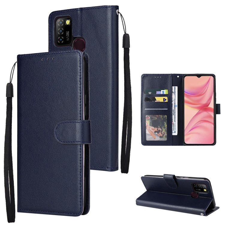 Navy leather phone case with 3 card slots, front pocket flap and wrist strap