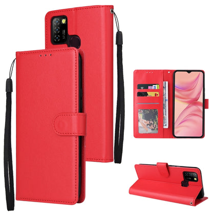 Red leather folio phone case with 3 card slots, magnetic strap and kickstand