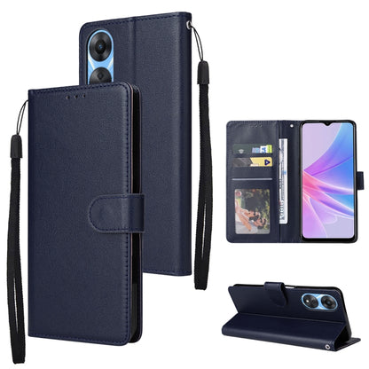 Dark navy leather phone wallet with 3 card slots, fold-out stand and wrist strap