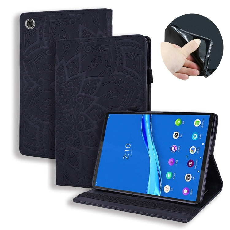 Black embossed leather tablet flip case with stand viewing tablet screen.