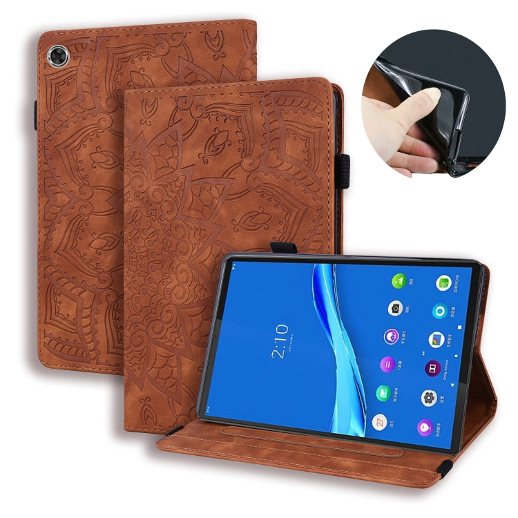 Brown embossed leather tablet flip case open with stand and tablet screen.