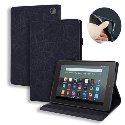 Black embossed leather tablet flip case with stand and tablet home screen.