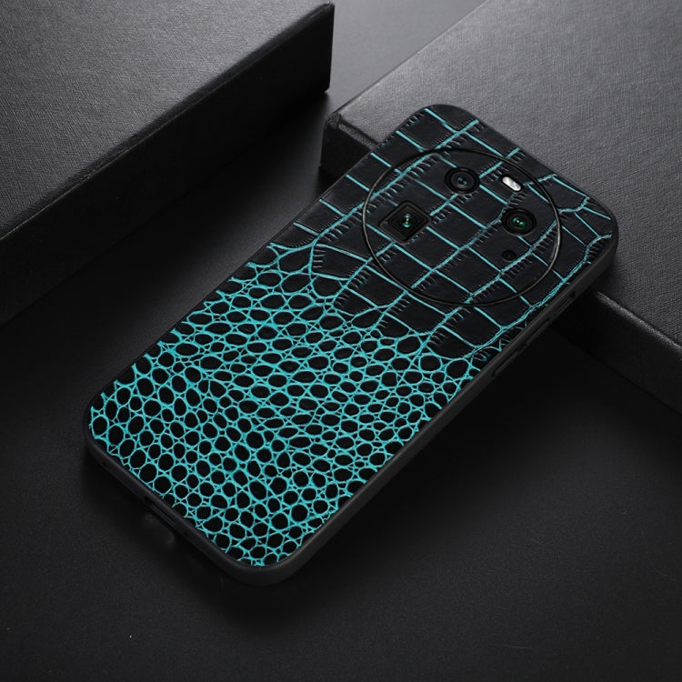 Genuine leather phone case with crocodile texture, cyan blue, angled view