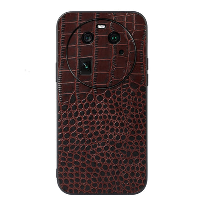 Genuine leather phone case with crocodile texture, coffee brown and camera cutout