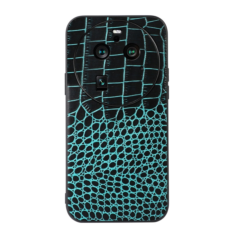 Genuine leather phone case with crocodile texture, cyan blue front view