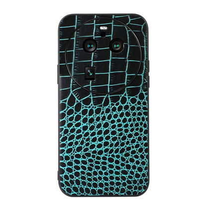 Genuine leather phone case with crocodile texture, cyan blue front view