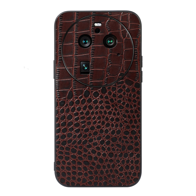 Genuine leather phone case with crocodile texture, coffee brown front view