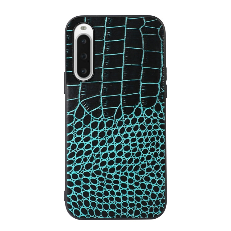 Crocodile-texture genuine leather phone case in cyan blue, with camera cutout