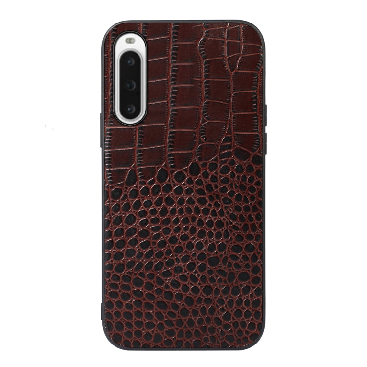 Crocodile-texture genuine leather phone case in coffee brown, with camera cutout