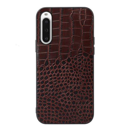 Crocodile-texture genuine leather phone case in coffee brown, with camera cutout