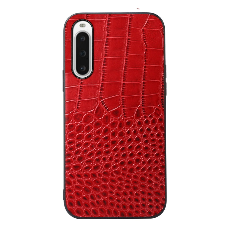 Crocodile-texture genuine leather phone case in red, with camera cutout
