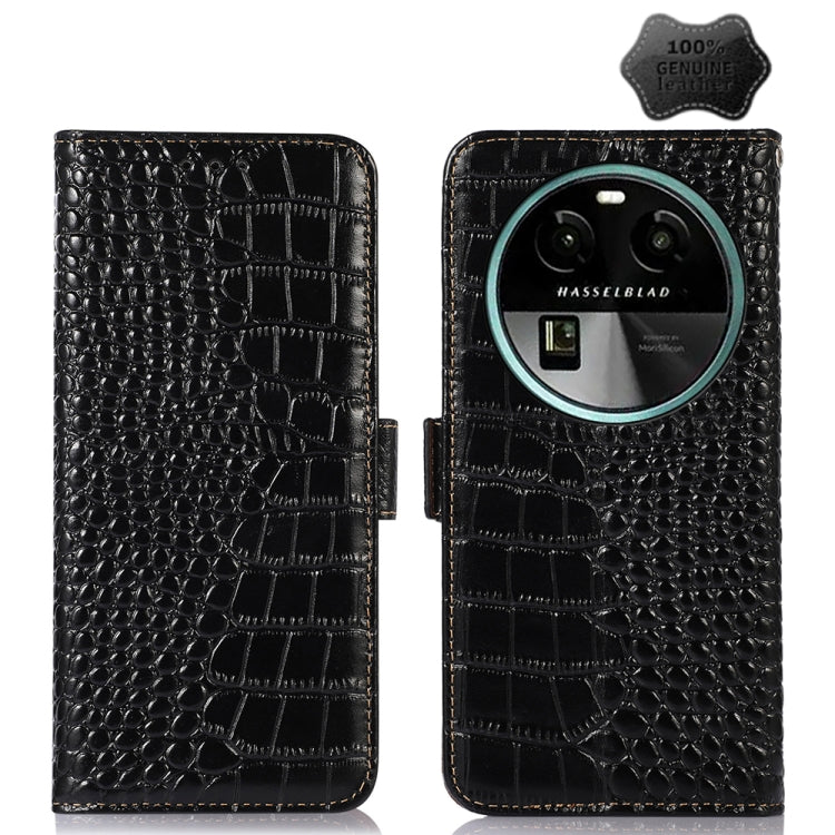 Crocodile-embossed leather phone case, black, flip cover with camera cutout