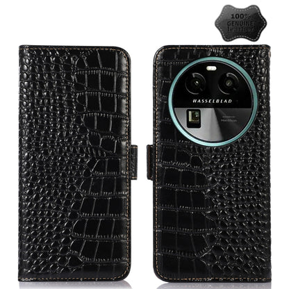 Crocodile-embossed leather phone case, black, flip cover with camera cutout