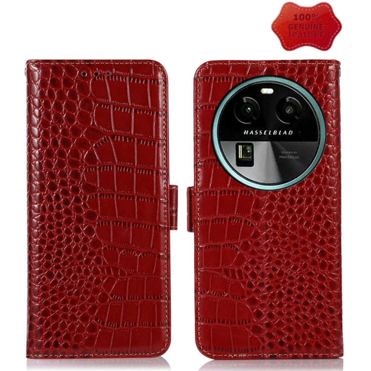 Crocodile-embossed leather phone case, red, flip cover with camera cutout