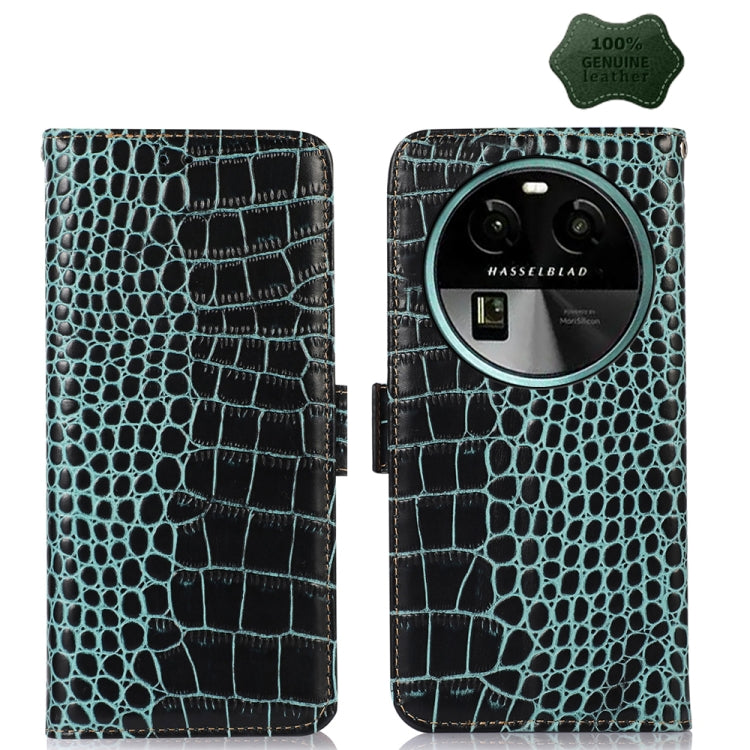 Crocodile-embossed leather phone case, teal with black accents, flip cover