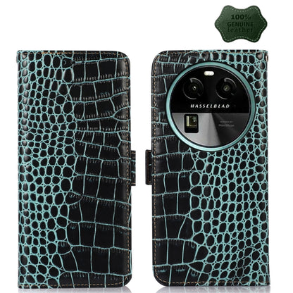 Crocodile-embossed leather phone case, teal with black accents, flip cover