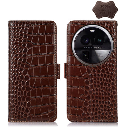 Crocodile-embossed leather phone case, brown, flip cover with camera cutout