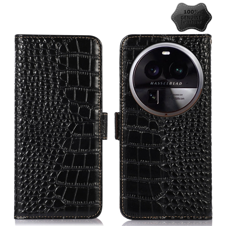 Crocodile-embossed leather phone case, black, front and back view with camera opening
