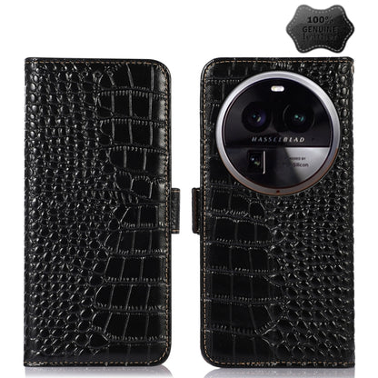 Crocodile-embossed leather phone case, black, front and back view with camera opening