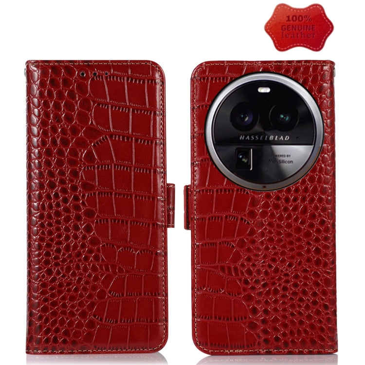 Red crocodile-texture leather flip phone case with card slots and camera cutout