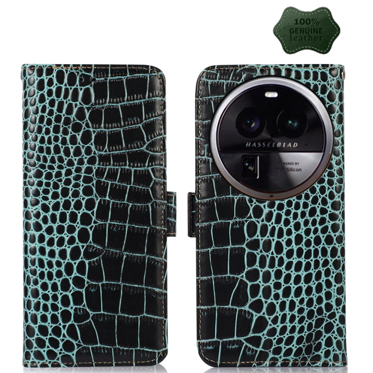 Teal crocodile-texture leather flip phone case, side view with back camera lens cutout