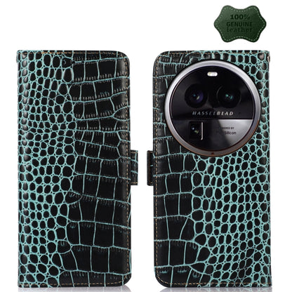 Teal crocodile-texture leather flip phone case, side view with back camera lens cutout