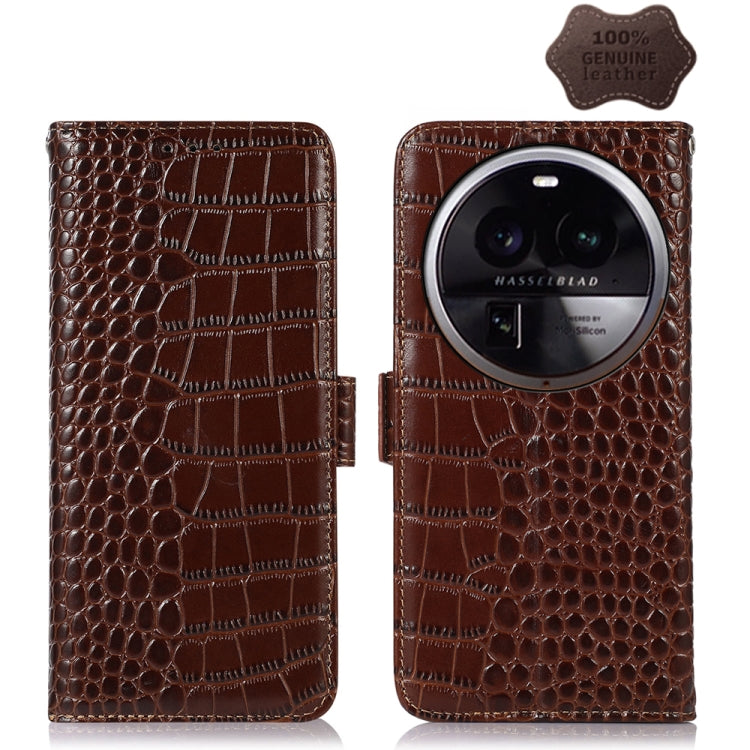 Brown crocodile-texture leather flip phone case with back camera lens cutout