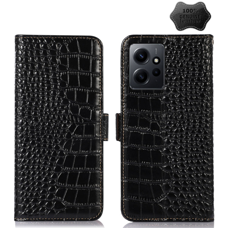 Black crocodile-texture leather flip phone case with stitched edge and camera cutout