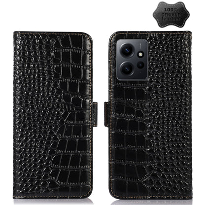 Black crocodile-texture leather flip phone case with stitched edge and camera cutout