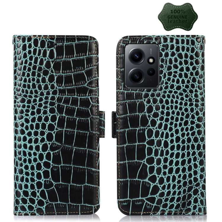 Blue-green crocodile-texture leather flip phone case with back camera lens cutout
