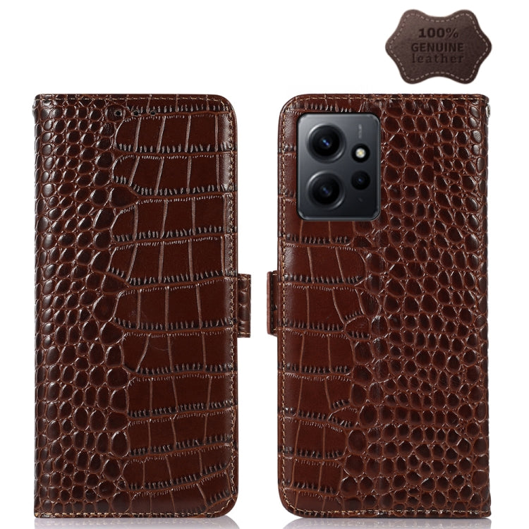 Brown crocodile-texture leather flip phone case with front cover and camera cutout