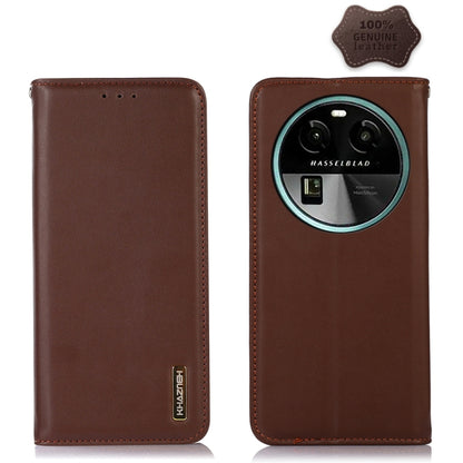 Brown leather phone case with embossed KHAZNEH logo, front and back views
