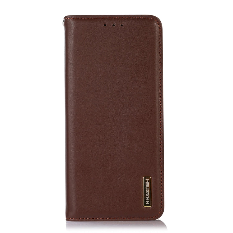 Brown leather phone case back view with KHAZNEH logo and stitched edges