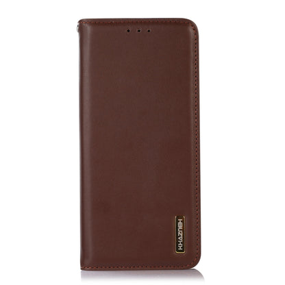 Brown leather phone case back view with KHAZNEH logo and stitched edges