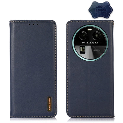 Blue leather phone case with embossed KHAZNEH logo, front and camera-window back