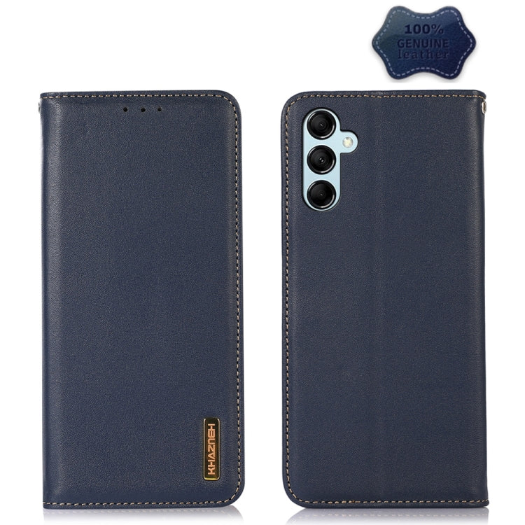 KHAZNEH leather phone case in blue with vertical dual camera cutout and stitched trim